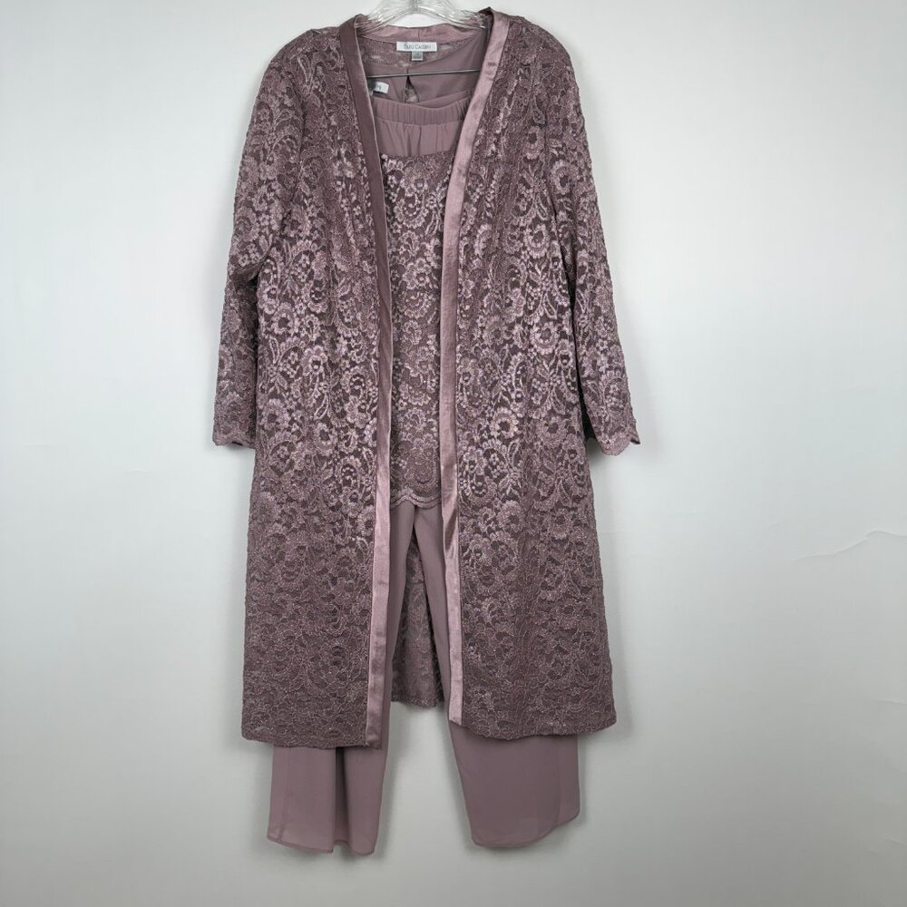 OLEG CASSINI Rose Pink Three Piece Lace Top and Jacket Pantsuit